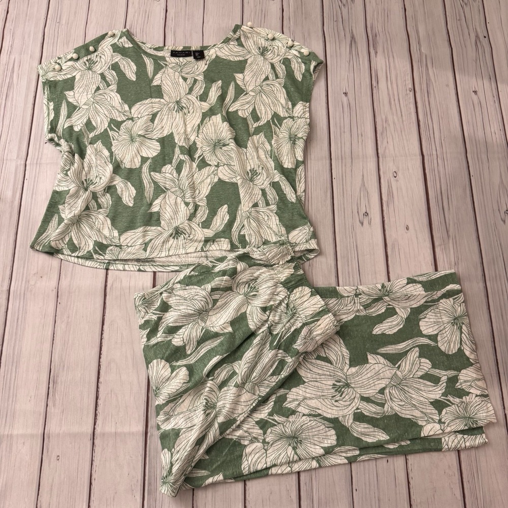 Tahari Top Wide Leg Pants Size L Green Floral 100% Lux Linen Boho Beach Summer‎